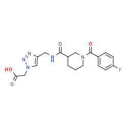 ChemSpider 2D Image | {4-[({[1-(4-Fluorobenzoyl)-3-piperidinyl]carbonyl}amino)methyl]-1H-1,2,3-triazol-1-yl}acetic acid | C18H20FN5O4