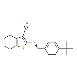ChemSpider 2D Image | 2-{[4-(2-Methyl-2-propanyl)benzylidene]amino}-4,5,6,7-tetrahydro-1-benzothiophene-3-carbonitrile | C20H22N2S
