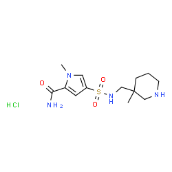 ChemSpider 2D Image | 1-Methyl-4-{[(3-methyl-3-piperidinyl)methyl]sulfamoyl}-1H-pyrrole-2-carboxamide hydrochloride (1:1) | C13H23ClN4O3S