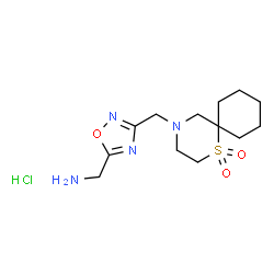 ChemSpider 2D Image | 1-{3-[(1,1-Dioxido-1-thia-4-azaspiro[5.5]undec-4-yl)methyl]-1,2,4-oxadiazol-5-yl}methanamine hydrochloride (1:1) | C13H23ClN4O3S