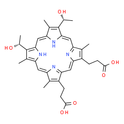 ChemSpider 2D Image | 3,3'-{7,12-Bis[(1R)-1-hydroxyethyl]-3,8,13,17-tetramethyl-2,18-porphyrindiyl}dipropanoic acid | C34H38N4O6