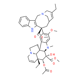 ChemSpider 2D Image | aspidospermidine-3-carboxylic acid, 4-(acetyloxy)-6,7-didehydro-15-[(8S)-4-ethyl-1,3,6,7,8,9-hexahydro-8-(methoxycarbonyl)-2,6-methano-2H-azecino[4,3-b]indol-8-yl]-3-hydroxy-16-methoxy-1-methyl-, methyl ester, (2beta,3beta,4beta,5alpha,12beta,19alpha)- | C45H54N4O8