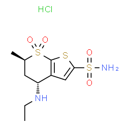 ChemSpider 2D Image | (4R,6R)-4-(Ethylamino)-6-methyl-5,6-dihydro-4H-thieno[2,3-b]thiopyran-2-sulfonamide 7,7-dioxide hydrochloride (1:1) | C10H17ClN2O4S3