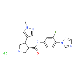 ChemSpider 2D Image | (3R,4S)-N-[3-Fluoro-4-(1H-1,2,4-triazol-1-yl)phenyl]-4-(1-methyl-1H-pyrazol-4-yl)-3-pyrrolidinecarboxamide hydrochloride (1:1) | C17H19ClFN7O