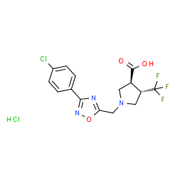 ChemSpider 2D Image | (3S,4S)-1-{[3-(4-Chlorophenyl)-1,2,4-oxadiazol-5-yl]methyl}-4-(trifluoromethyl)-3-pyrrolidinecarboxylic acid hydrochloride (1:1) | C15H14Cl2F3N3O3