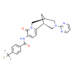 ChemSpider 2D Image | N-[(1R,9S)-6-Oxo-11-(2-pyrimidinyl)-7,11-diazatricyclo[7.3.1.0~2,7~]trideca-2,4-dien-5-yl]-4-(trifluoromethyl)benzamide | C23H20F3N5O2