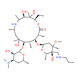 ChemSpider 2D Image | (2R,3S,4R,9R,10R,11S,12S,13R)-12-({2,6-Dideoxy-3-C-methyl-3-O-methyl-4-C-[(propylamino)methyl]-alpha-L-ribo-hexopyranosyl}oxy)-2-ethyl-3,4,9-trihydroxy-3,5,7,9,11,13-hexamethyl-14-oxo-1-oxa-6-azacyclo
tetradecan-10-yl 3,4,6-trideoxy-3-(dimethylamino)-beta-D-ribo-hexopyranoside | C40H77N3O12