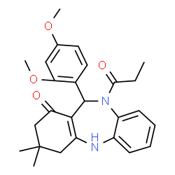 ChemSpider 2D Image | 11-(2,4-Dimethoxy-phenyl)-3,3-dimethyl-10-propionyl-2,3,4,5,10,11-hexahydro-dibenzo[b,E][1,4]diazepin-1-one | C26H30N2O4