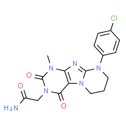 ChemSpider 2D Image | 2-[9-(4-Chlorophenyl)-1-methyl-2,4-dioxo-1,4,6,7,8,9-hexahydropyrimido[2,1-f]purin-3(2H)-yl]acetamide | C17H17ClN6O3