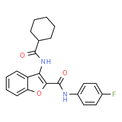 ChemSpider 2D Image | 3-[(Cyclohexylcarbonyl)amino]-N-(4-fluorophenyl)-1-benzofuran-2-carboxamide | C22H21FN2O3