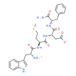 ChemSpider 2D Image | (3S)-4-{[(2S)-1-Amino-1-oxo-3-phenyl-2-propanyl]amino}-3-({N-[(2R)-2-ammonio-3-(1H-indol-3-yl)propanoyl]-L-methionyl}amino)-4-oxobutanoate | C29H36N6O6S