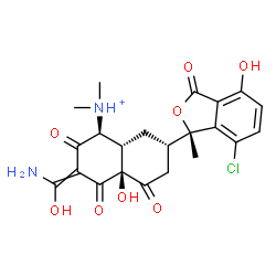 ChemSpider 2D Image | (1S,4aS,7S,8aS)-3-[Amino(hydroxy)methylene]-7-[(1S)-7-chloro-4-hydroxy-1-methyl-3-oxo-1,3-dihydro-2-benzofuran-1-yl]-4a-hydroxy-N,N-dimethyl-2,4,5-trioxodecahydro-1-naphthalenaminium | C22H24ClN2O8