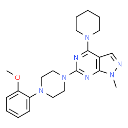ChemSpider 2D Image | 6-[4-(2-Methoxyphenyl)-1-piperazinyl]-1-methyl-4-(1-piperidinyl)-1H-pyrazolo[3,4-d]pyrimidine | C22H29N7O