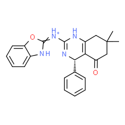ChemSpider 2D Image | N-[(4S)-7,7-Dimethyl-5-oxo-4-phenyl-1,4,5,6,7,8-hexahydro-2-quinazolinyl]-1,3-benzoxazol-2(3H)-iminium | C23H23N4O2