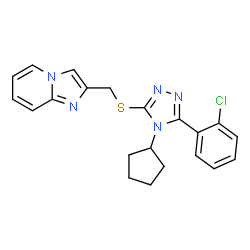 ChemSpider 2D Image | 2-({[5-(2-Chlorophenyl)-4-cyclopentyl-4H-1,2,4-triazol-3-yl]sulfanyl}methyl)imidazo[1,2-a]pyridine | C21H20ClN5S