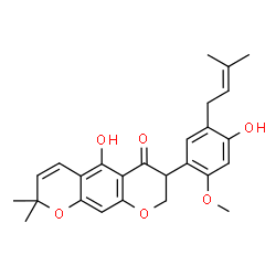 ChemSpider 2D Image | 5-Hydroxy-7-[4-hydroxy-2-methoxy-5-(3-methyl-2-butenyl)phenyl]-2,2-dimethyl-7,8-dihydro-2H,6H-pyrano[3,2-g]chromen-6-one | C26H28O6
