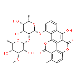 ChemSpider 2D Image | 6-Hydroxy-1-methyl-5,12-dioxo-5,12-dihydrobenzo[h]chromeno[5,4,3-cde]chromen-10-yl 6-deoxy-2-O-(6-deoxy-3-O-methyl-beta-L-talopyranosyl)-beta-L-talopyranoside | C32H32O14