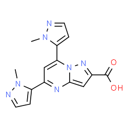 ChemSpider 2D Image | 5,7-bis(2-methylpyrazol-3-yl)pyrazolo[1,5-a]pyrimidine-2-carboxylic acid | C15H13N7O2
