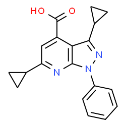 ChemSpider 2D Image | 3,6-dicyclopropyl-1-phenylpyrazolo[3,4-b]pyridine-4-carboxylic acid | C19H17N3O2