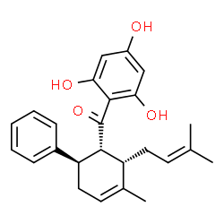 ChemSpider 2D Image | [(1R,2S,6R)-3-Methyl-2-(3-methyl-2-buten-1-yl)-6-phenyl-3-cyclohexen-1-yl](2,4,6-trihydroxyphenyl)methanone | C25H28O4
