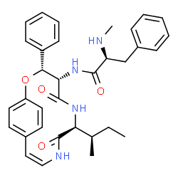 ChemSpider 2D Image | N-[(3R,4S,7S,10Z)-7-[(2R)-2-Butanyl]-5,8-dioxo-3-phenyl-2-oxa-6,9-diazabicyclo[10.2.2]hexadeca-1(14),10,12,15-tetraen-4-yl]-Nalpha-methyl-L-phenylalaninamide | C33H38N4O4