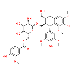 ChemSpider 2D Image | [(1S,2R,3R)-7-Hydroxy-1-(4-hydroxy-3,5-dimethoxyphenyl)-3-(hydroxymethyl)-6,8-dimethoxy-1,2,3,4-tetrahydro-2-naphthalenyl]methyl 6-O-(4-hydroxy-3-methoxybenzoyl)-beta-D-glucopyranoside | C36H44O16