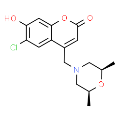 ChemSpider 2D Image | 6-Chloro-4-{[(2R,6S)-2,6-dimethyl-4-morpholinyl]methyl}-7-hydroxy-2H-chromen-2-one | C16H18ClNO4