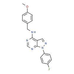 ChemSpider 2D Image | 1-(4-Fluorophenyl)-N-(4-methoxybenzyl)-1H-pyrazolo[3,4-d]pyrimidin-4-amine | C19H16FN5O