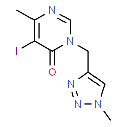 ChemSpider 2D Image | 5-Iodo-6-methyl-3-[(1-methyl-1H-1,2,3-triazol-4-yl)methyl]-4(3H)-pyrimidinone | C9H10IN5O