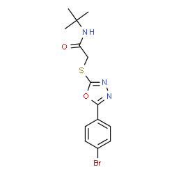 ChemSpider 2D Image | 2-{[5-(4-Bromophenyl)-1,3,4-oxadiazol-2-yl]sulfanyl}-N-(2-methyl-2-propanyl)acetamide | C14H16BrN3O2S