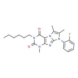 ChemSpider 2D Image | 8-(2-Fluorophenyl)-3-hexyl-1,6,7-trimethyl-1H-imidazo[2,1-f]purine-2,4(3H,8H)-dione | C22H26FN5O2