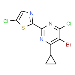 ChemSpider 2D Image | 5-Bromo-4-chloro-2-(5-chloro-1,3-thiazol-2-yl)-6-cyclopropylpyrimidine | C10H6BrCl2N3S