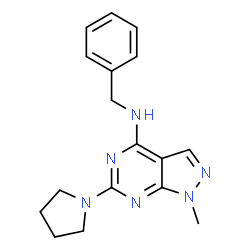ChemSpider 2D Image | N-benzyl-1-methyl-6-(pyrrolidin-1-yl)pyrazolo[3,4-d]pyrimidin-4-amine | C17H20N6