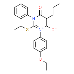 ChemSpider 2D Image | 1-(4-ethoxyphenyl)-2-(ethylthio)-4-oxo-3-phenyl-5-propyl-3,4-dihydropyrimidin-1-ium-6-olate | C23H26N2O3S