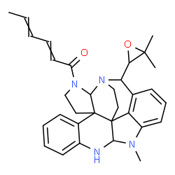 ChemSpider 2D Image | 1-[25-(3,3-Dimethyl-2-oxiranyl)-15-methyl-1,3,13,15-tetraazaheptacyclo[18.4.1.0~2,6~.0~6,22~.0~7,12~.0~14,22~.0~16,21~]pentacosa-7,9,11,16,18,20-hexaen-3-yl]-2,4-hexadien-1-one | C32H36N4O2