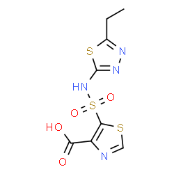 ChemSpider 2D Image | 5-[(5-Ethyl-1,3,4-thiadiazol-2-yl)sulfamoyl]-1,3-thiazole-4-carboxylic acid | C8H8N4O4S3