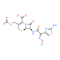 ChemSpider 2D Image | (6R,7R)-3-(Acetoxymethyl)-7-{[(2E)-2-(2-amino-1,3-thiazol-4-yl)-2-(methoxyimino)acetyl]amino}-8-oxo-5-thia-1-azabicyclo[4.2.0]oct-2-ene-2-carboxylate | C16H16N5O7S2