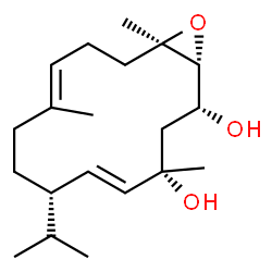 ChemSpider 2D Image | (1R,2R,4S,5E,7S,10E,14R)-7-Isopropyl-4,10,14-trimethyl-15-oxabicyclo[12.1.0]pentadeca-5,10-diene-2,4-diol | C20H34O3
