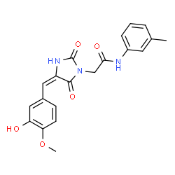 ChemSpider 2D Image | 2-[(4E)-4-(3-Hydroxy-4-methoxybenzylidene)-2,5-dioxo-1-imidazolidinyl]-N-(3-methylphenyl)acetamide | C20H19N3O5