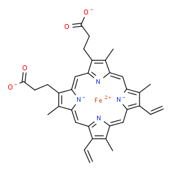 ChemSpider 2D Image | ferrous;3-[(1Z,4Z,9Z,15Z)-18-(2-carboxylatoethyl)-3,8,13,17-tetramethyl-7,12-divinyl-porphyrin-21,23-diid-2-yl]propanoate | C34H30FeN4O4