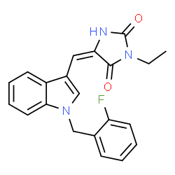 ChemSpider 2D Image | (5E)-3-Ethyl-5-{[1-(2-fluorobenzyl)-1H-indol-3-yl]methylene}-2,4-imidazolidinedione | C21H18FN3O2