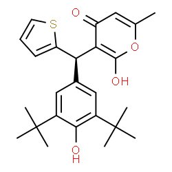 ChemSpider 2D Image | 2-Hydroxy-3-[(S)-[4-hydroxy-3,5-bis(2-methyl-2-propanyl)phenyl](2-thienyl)methyl]-6-methyl-4H-pyran-4-one | C25H30O4S