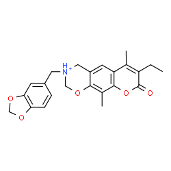 ChemSpider 2D Image | 3-(1,3-Benzodioxol-5-ylmethyl)-7-ethyl-6,10-dimethyl-8-oxo-3,4-dihydro-2H,8H-chromeno[6,7-e][1,3]oxazin-3-ium | C23H24NO5