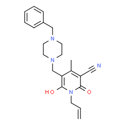ChemSpider 2D Image | 1-Allyl-5-(4-benzyl-piperazin-1-ylmethyl)-6-hydroxy-4-methyl-2-oxo-1,2-dihydro-pyridine-3-carbonitrile | C22H26N4O2