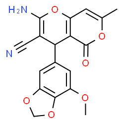ChemSpider 2D Image | 2-Amino-4-(7-methoxy-1,3-benzodioxol-5-yl)-7-methyl-5-oxo-4H,5H-pyrano[4,3-b]pyran-3-carbonitrile | C18H14N2O6