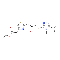 ChemSpider 2D Image | Ethyl [2-({[(5-isopropyl-4-methyl-4H-1,2,4-triazol-3-yl)sulfanyl]acetyl}amino)-1,3-thiazol-4-yl]acetate | C15H21N5O3S2
