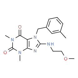 ChemSpider 2D Image | 8-[(2-Methoxyethyl)amino]-1,3-dimethyl-7-(3-methylbenzyl)-3,7-dihydro-1H-purine-2,6-dione | C18H23N5O3