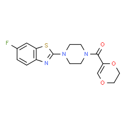 ChemSpider 2D Image | 5,6-Dihydro-1,4-dioxin-2-yl[4-(6-fluoro-1,3-benzothiazol-2-yl)-1-piperazinyl]methanone | C16H16FN3O3S
