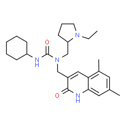 ChemSpider 2D Image | 3-Cyclohexyl-1-[(5,7-dimethyl-2-oxo-1,2-dihydro-3-quinolinyl)methyl]-1-[(1-ethyl-2-pyrrolidinyl)methyl]urea | C26H38N4O2