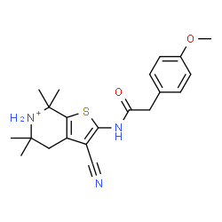 ChemSpider 2D Image | 3-Cyano-2-{[(4-methoxyphenyl)acetyl]amino}-5,5,7,7-tetramethyl-4,5,6,7-tetrahydrothieno[2,3-c]pyridin-6-ium | C21H26N3O2S